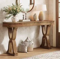 LD0094 new in box 63-Inch Solid Wood Console Table, Farmhouse Entryway Table with X-Shaped Legs, Long Sofa Table for Living Room, Hallway, or Foyer, E