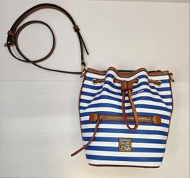 Dooney & Bourke Sullivan Collection Blue & White Striped Designer Leather Drawstring Bucket Shoulder Bag