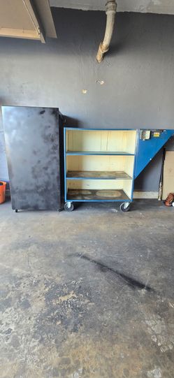 Heavy-duty workshop mobile bench tool station and heavy-duty welded metal storage cabinet
