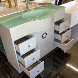 48” Bathroom Vanity Cabinet Solid Wood Fully Assembled With Tempered Glass Top Softclose Drawers Ready For Pick Up Today