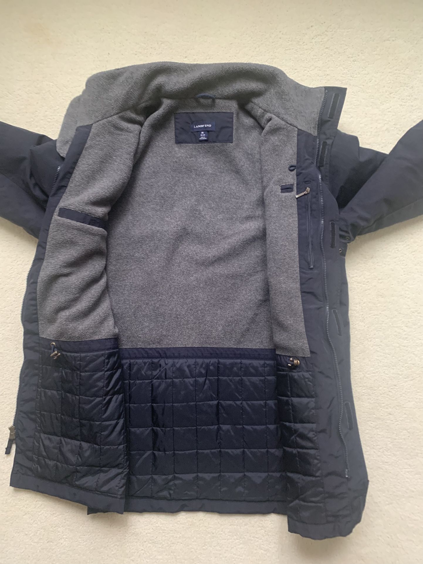 Lands’ End Squall Fleece Insulated Waterproof Windproof Winter Coat Parker Navy Blue Color Size Sz Men’s Medium M 38-40 Excellent 48” Chest 35” Long