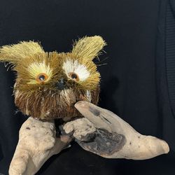 Straw Owl On Driftwood Figurine