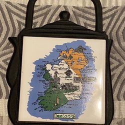 Vintage Cast Iron Trivet with Map of Ireland Tile Tea Kettle Shape 7 inches by 5.5 inches