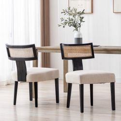 Mid-Century Rattan Dining Chairs – Set of 2 – Black Wood & Beige Linen