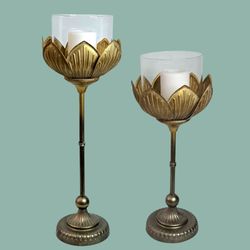 Pair Vintage Gold Ombre Lotus Candle Holders W/Glass Shades Feldman Style