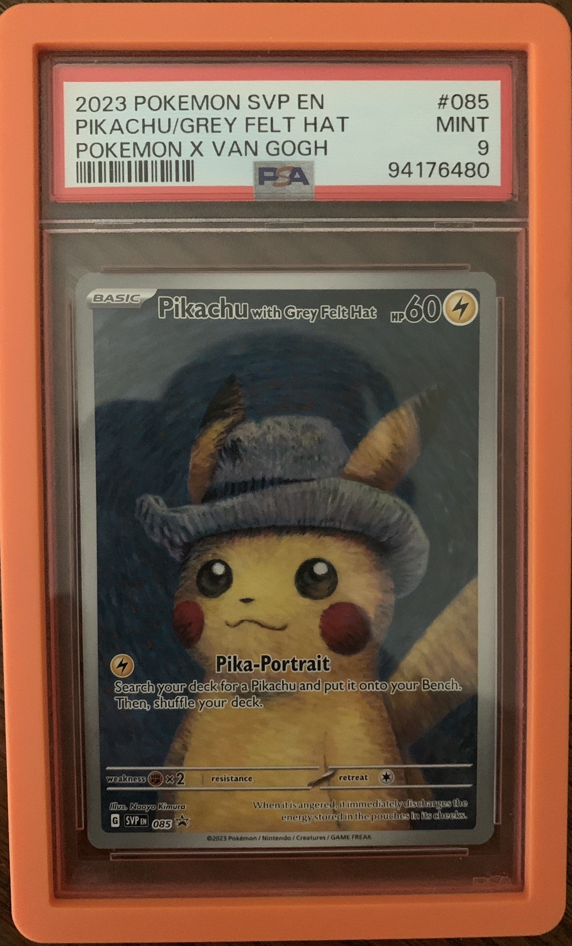 2023 POKEMON POKEMON X VAN GOGH PROMO #085 PIKACHU WITH GREY FELT HAT PSA 9