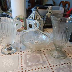 3 REALLY NICE  PIECES OF CRYSTAL GLASS THE PITCHER IS frosted GLASS  The Dish Has A  BLUE  TINT  on TOP of  HANDLE