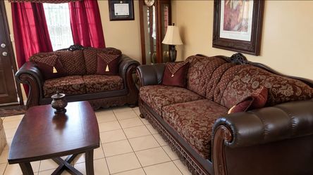 Traditional Burgundy Sofa & Loveseat Set + Framed Classical Art