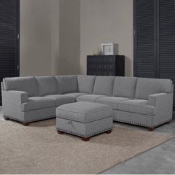Thomasville Emilee Grey Fabric Sectional with Storage Ottoman. Like New
