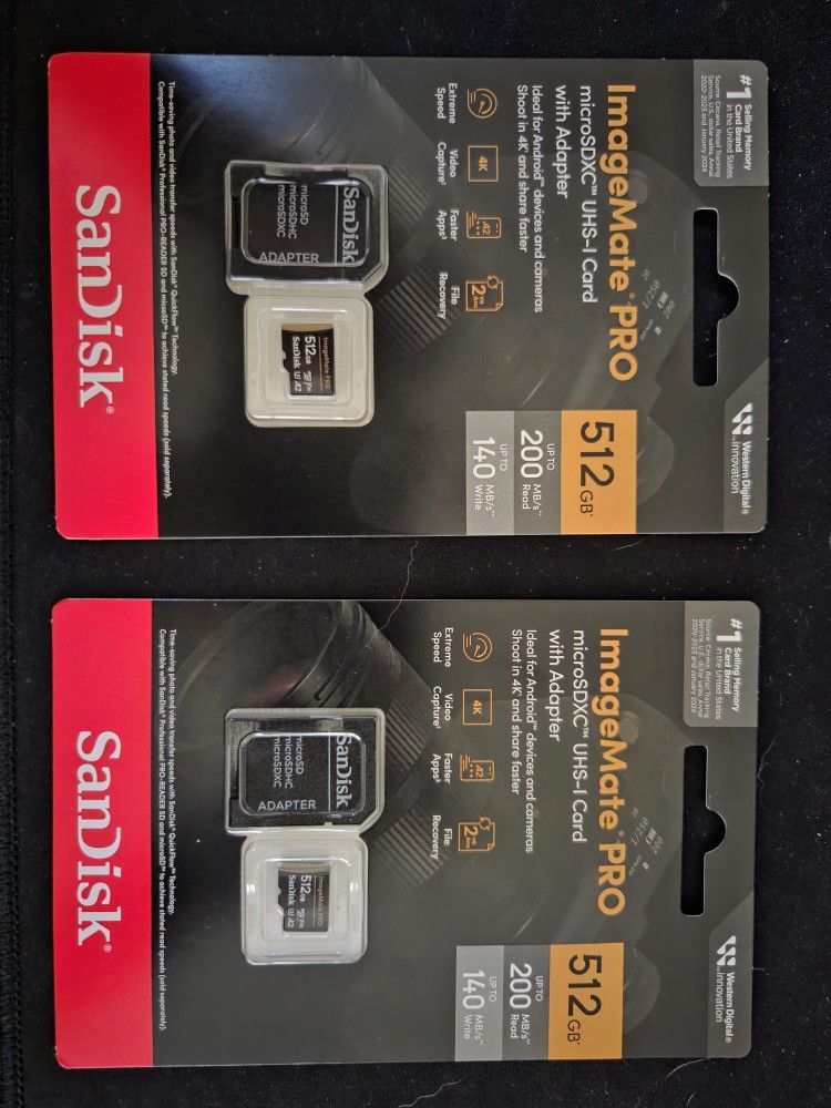 Two brand new SanDisk 512GB MicroSDXC UHS-1 memory cards