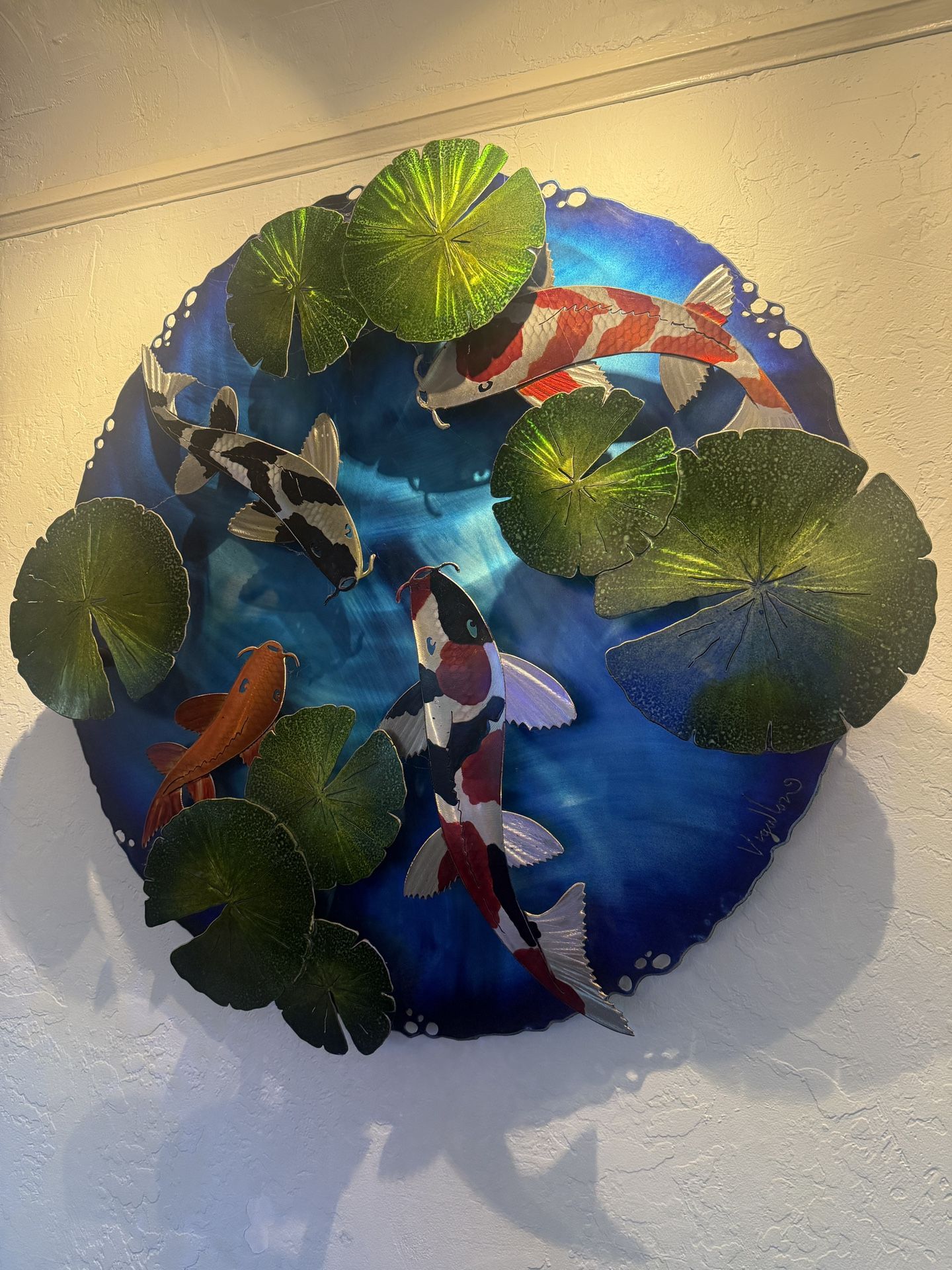 Asian Decor 3 D Metal Art Piece Wall Mount Koi Pond 