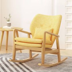 Elegant Solid Wood Rocking Chair with Yellow Linen Cushion