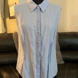 Willi Smith Light Blue Sleeveless Linen Pintuck Blouse M