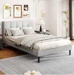 Full Size Bed Frame, Platform Beds with Upholstered Headboard, Mattress Foundation with Wooden Slats