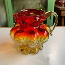 Vintage Amberina Kanawha Handcrafted Glass Small footed Pitcher made in Dunbar, West Virginia- Glows