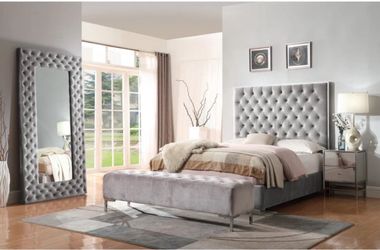 Grey velvety suede queen frame