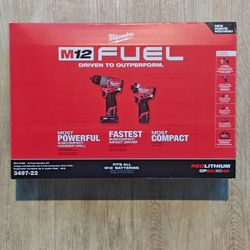 M12 Fuel Kit Hammer Drill, impact driver, batteries, charger, and bag