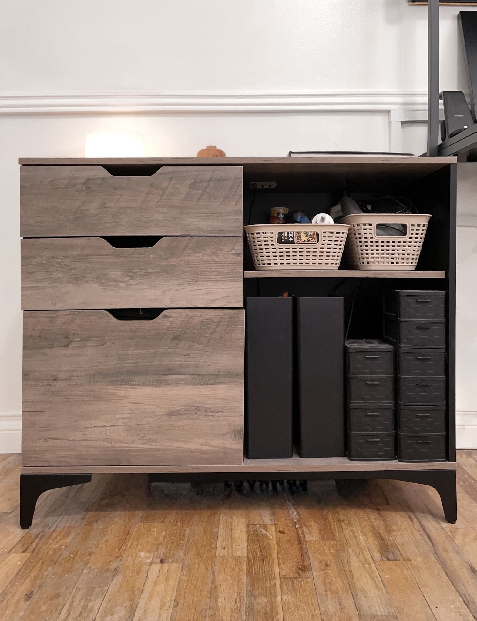 Office Desk File Cabinet Drawers Shelf Wood Grain Brown Gray