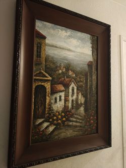 Vintage Impressionist Oil Painting Mediterranean Coastal Village Framed Wall Art