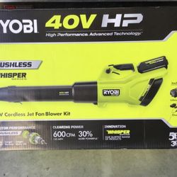 NEW RYOBI 40V HP Brushless 600 CFM 155 MPH Cordless Leaf Blower and Carbon Fiber String Trimmer with 4.0 Ah Battery and Charger