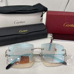 Cartier Glasses (Diamond Cut), Blue Mirror Lense, Silver Frame