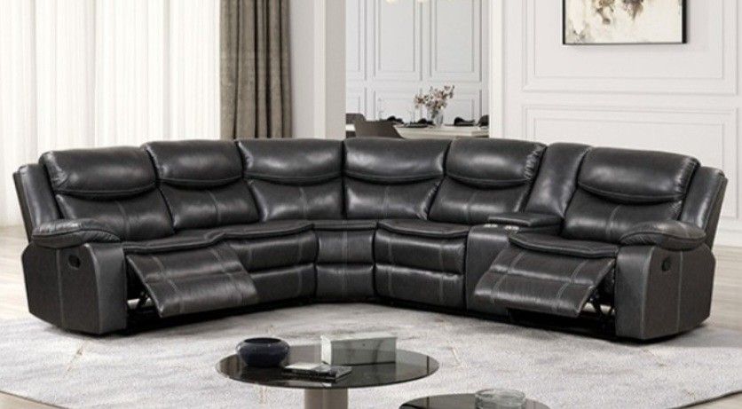 Brand New Grey Leather Reclining Sectional Sofa 