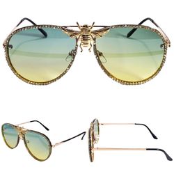 Large Bee Green Ombre Bling CZ Rhinestone Aviator Sunglasses 