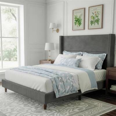 1971a Dyonery - Queen Bed Frame, Upholstered Platform Bed, Adjustable Vertical Channel Tufted Headboard, Corduroy Fabric. - Gray