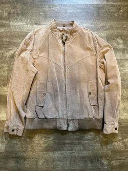 Adler Men's Beige Leather Bomber Jacket Size 44 Zip Button Ribbed Hem Lined