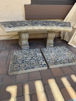 Concrete Bench with Decorative Pebble Top + 2 Matching Stepping Stones