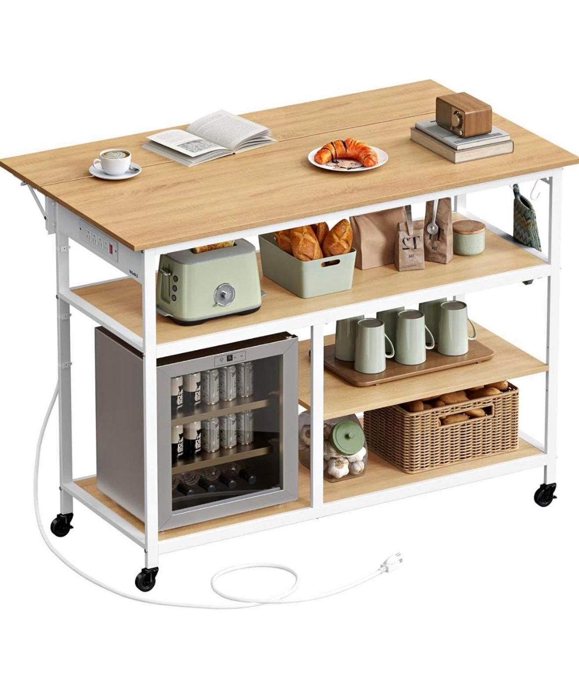 Kitchen Island with Drop Leaf, 47.2" Width Rolling Kitchen Cart with Power Strip, Extendable Worktop, Workbench,Pegboard, Adjustable Shelf