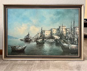 OIL PAINTING/ SHIPS IN HARBOR