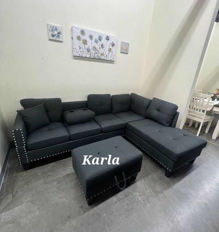 Beautiful 3-Pc Black Sectional Sofa With Storage Ottoman