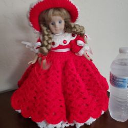 Doll Ceramic With Stand Handmade Dress