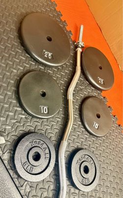 Steel Standard Curl Bar W/Weight Plates: 25s, 10s and 5s ponders. 94# Brute W.