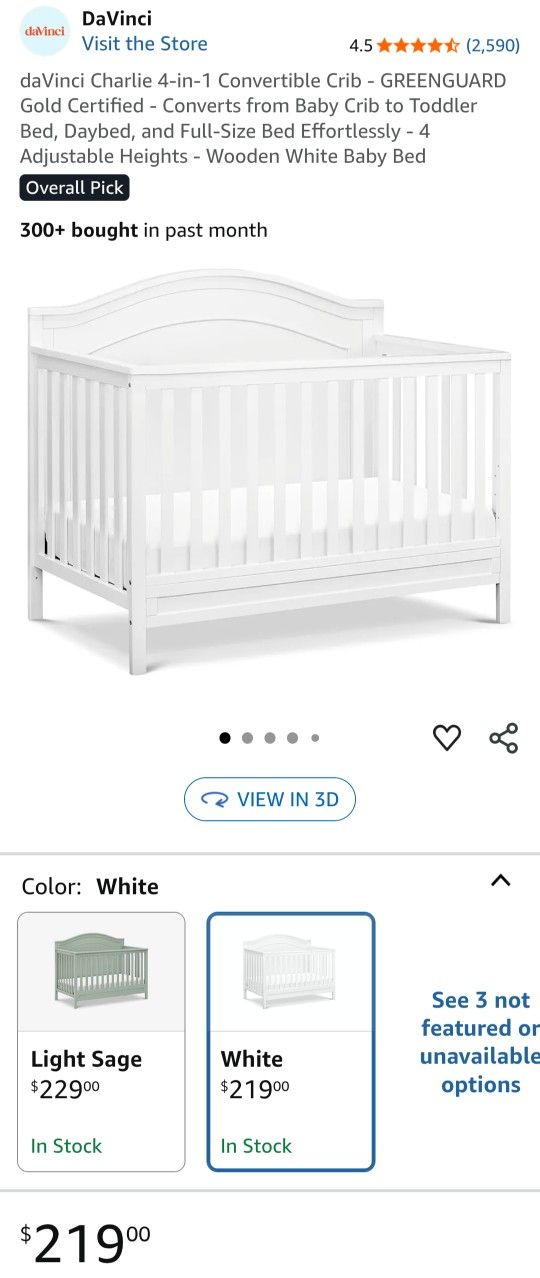 Convertible Baby Crib - Converts from Baby Crib to Toddler Bed, Daybed, and Full-Size Bed Effortlessly - 4 Adjustable Heights - Wooden White Baby Bed