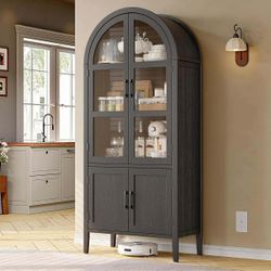 71" Tall Arched Cabinet, 5-Tier Arched Kitchen Pantry with Glass Doors & Shelves, Modern Display Arch Cabinet with Adjustable Feet, Wooden Pantry. (Bl