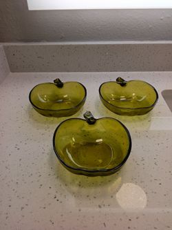 Set of 3 Green Glass Apple-Shaped Bowls