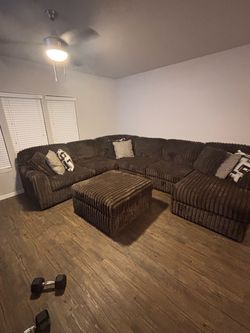 Large Brown Corduroy Sectional Sofa with Ottoman