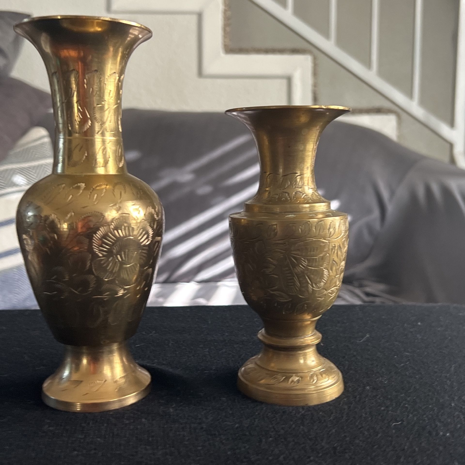 Two Brass Flower Engraved Vases