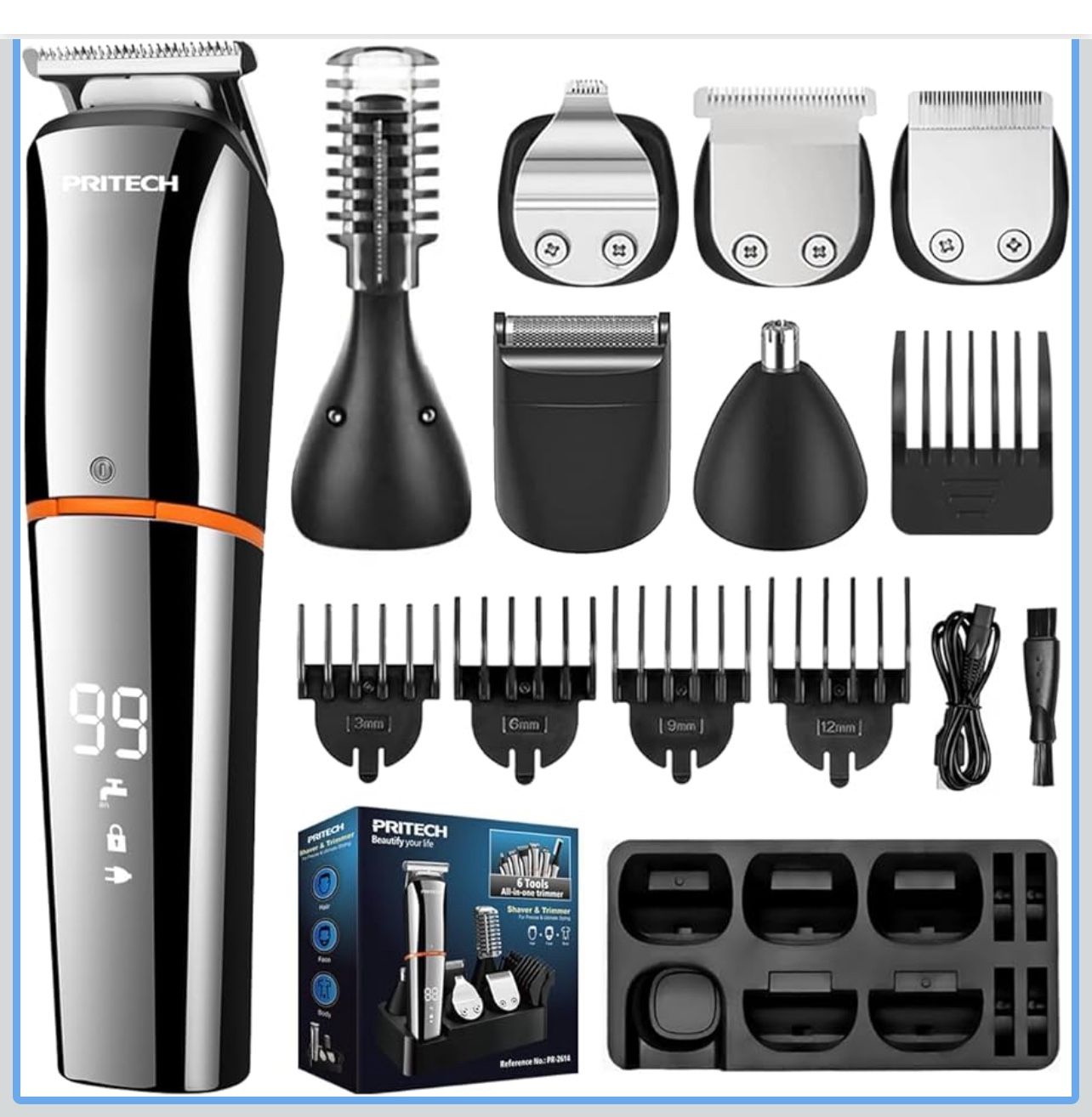 PRITECH Cortadora de barba para hombres, kit de cortapelos 6 en 1, kit de aseo inalámbrico de precisión impermeable IPX6 para barba, cabello, cuerpo, 