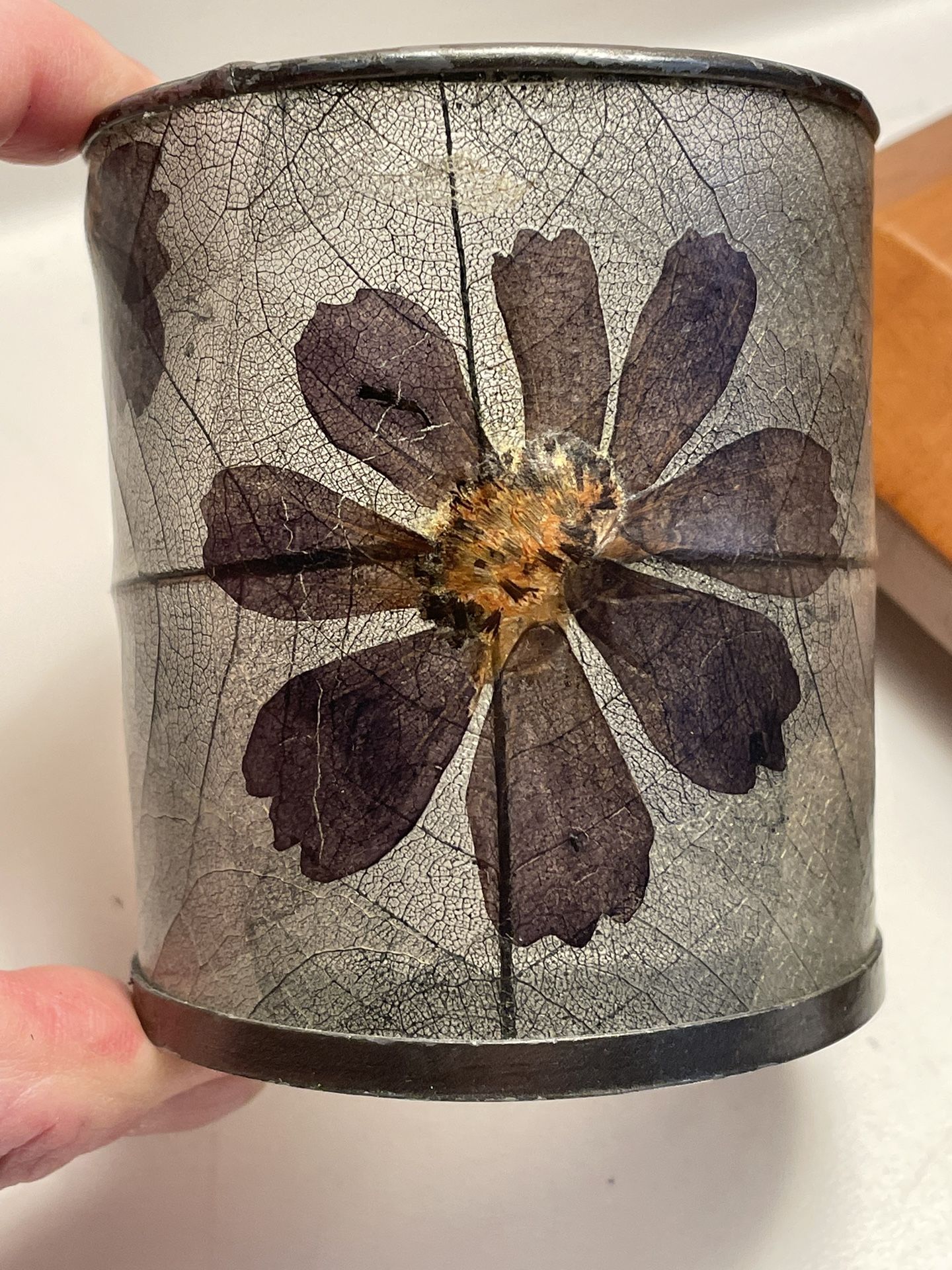 3” Decorative glass jar with artistically pressed dried flower petals.