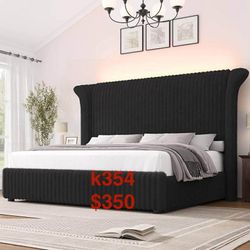 Keyluv King Bed Frame with 54.3” Tall Faux-Fur Wingback Headboard K354