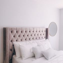 Blush Pink Velvet Queen Bed
