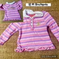 18 M baby girl, soft cotton polo, lavender, pink, white stripes, rhinestone buttons, him ruffle, gold, pearls, logos, front and back