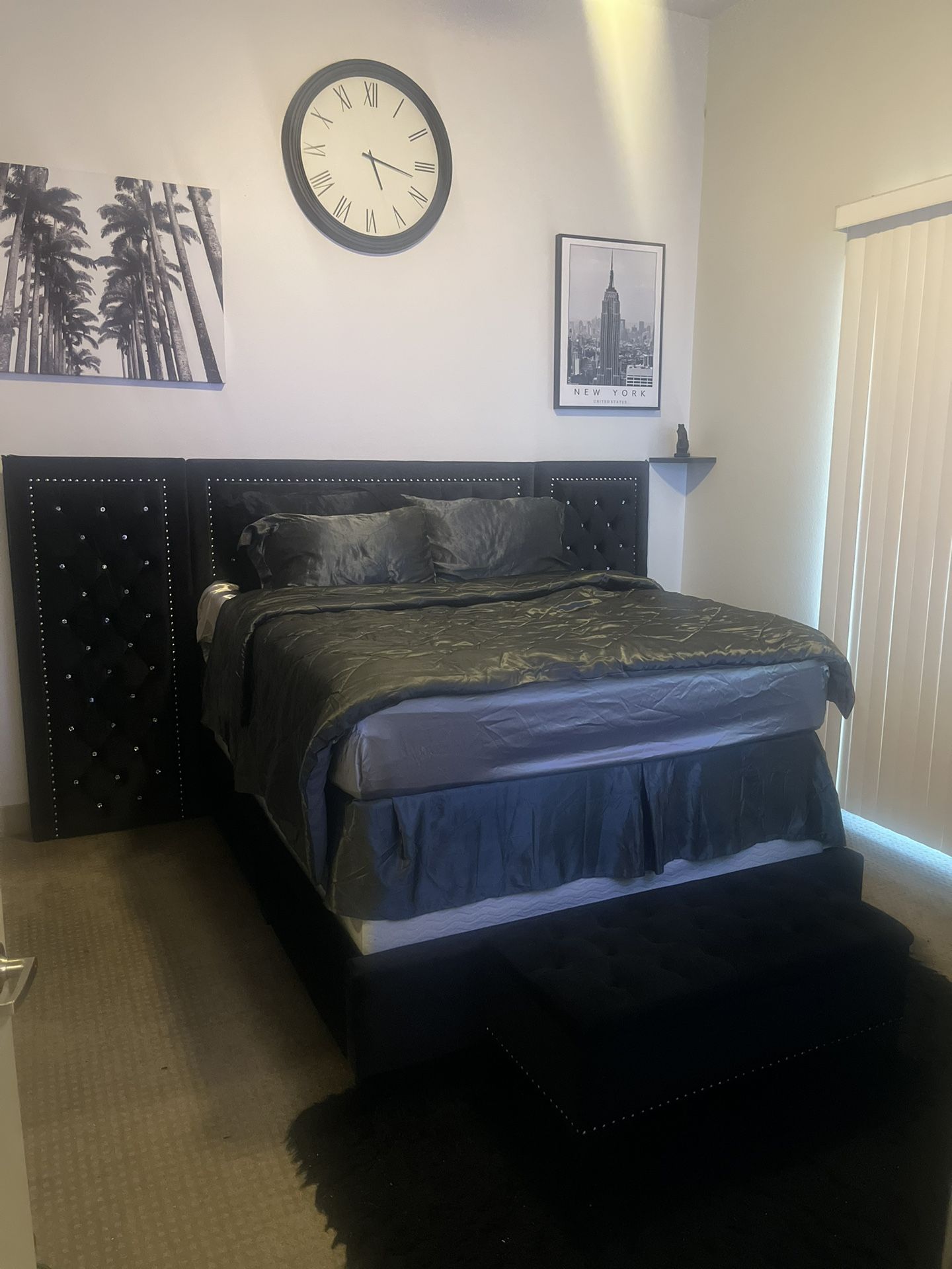 Bed And Bed Frame OTTOMAN, Back Board ,Rug, mattress