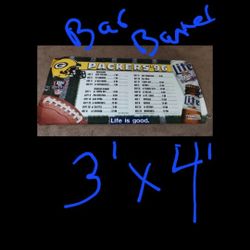 UNIQUE/RARE/VINTAGE. NFL, GREEN BAY PACKER (1996) SEASON SCHEDULE: Huge (3'×4') Thick plastic bar banner already has tarp holes to hang up, firm.