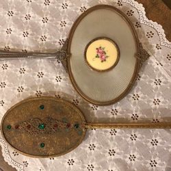 X2 VINTAGE ORNATE VICTORIAN BRASS RUBY EMERALD SILVER FLORAL ANTIQUE ACCENT TABLE DECOR VANITY MIRROR