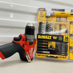 Milwaukee m12 fuel hammer drill with dewalt right angle attachment screwdriving bit set(tool only)