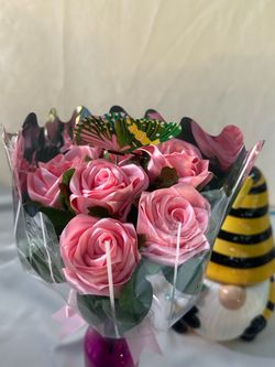 Half‑Dozen Handmade Ribbon Rose Bouquet – Pink